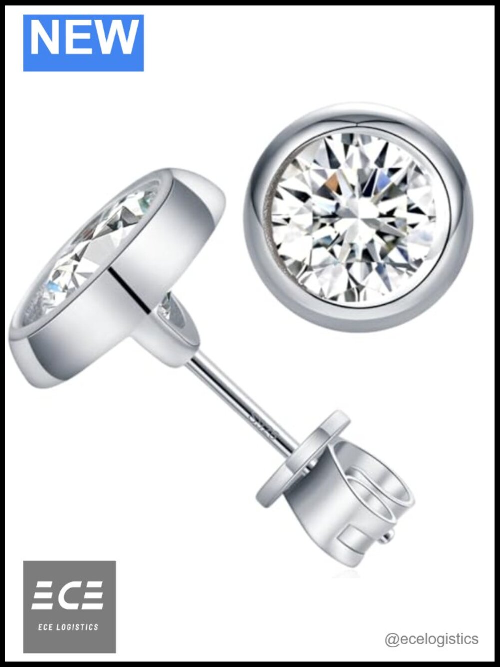 Moissanite Stud Earrings Sterling Silver Round Cut Push Back